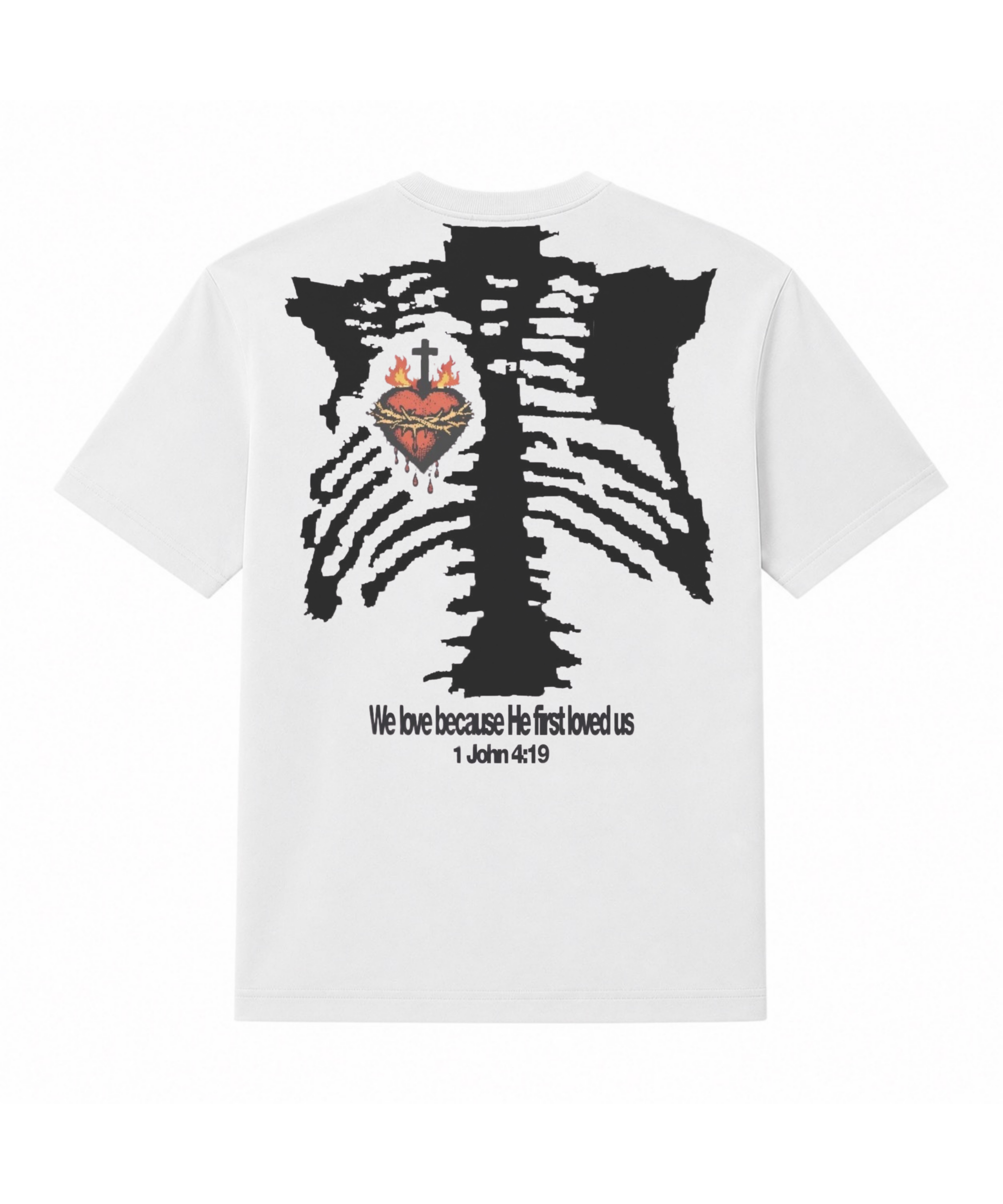 Sacred Heart Tee - Back with Sacred Heart graphic and 1 John 4:19