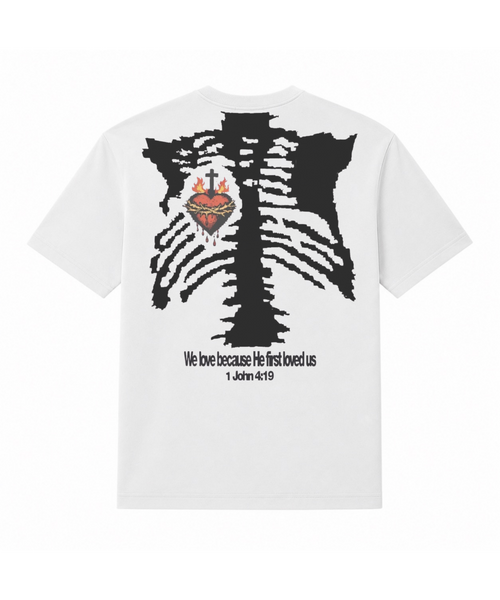 Sacred Heart Tee - Back with Sacred Heart graphic and 1 John 4:19